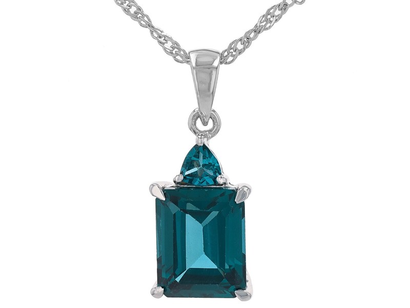 Lab Created Real Teal Spinel Rhodium Sterling Pendant & Chain 3.89 ctw-SALE