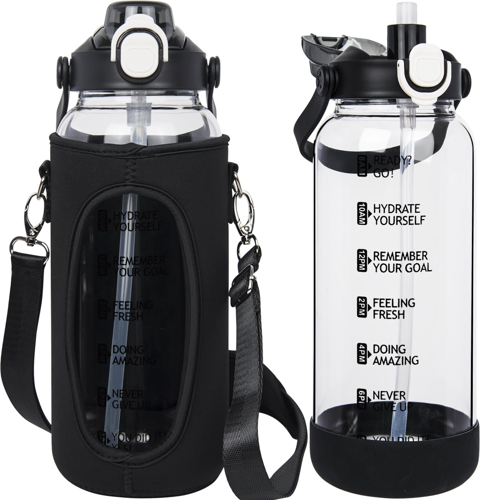 64 oz Glass Water Bottle with Straw & Time Marker Large Half Gallon Motivatio...