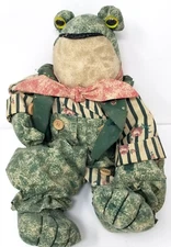 Handsome Floral Frog Doll Figurine Wood Fabric Sitting Vintage