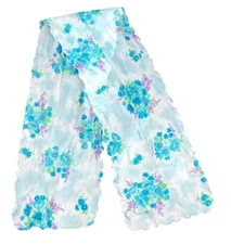 Vintage Floral Chiffon Neck Scarf Chiffon Scalloped Edge White Blue Purple 238J