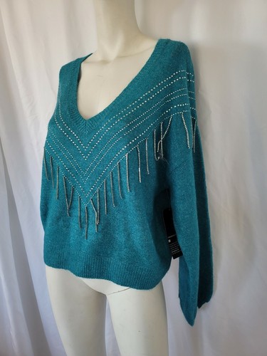 Broadway 38 womens Teal V- Neck embellished fringe Sweater size L - Picture 8 of 10