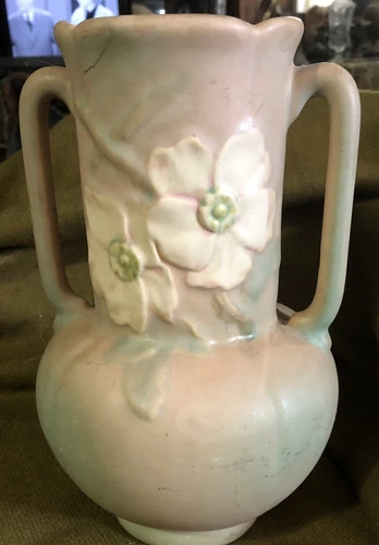 1930s WELLER POTTERY 2 HANDLE VASE PINKS &GREEN COLOR RAISED FLORAL PATTERN