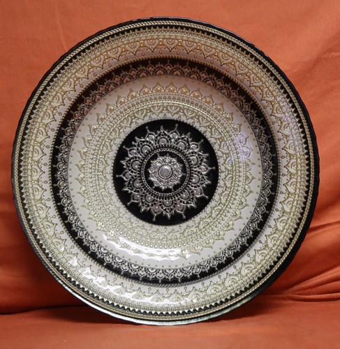 Turkish Glass Serving Bowl Gold/Black/Silver 16” Art Glass Dish. Tag 498p - Picture 5 of 14