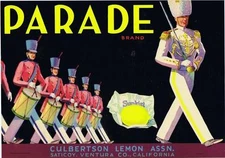 Parade, Marching band Drummers, Culbertson CA VTG Lemon Crate Label, Sunkist