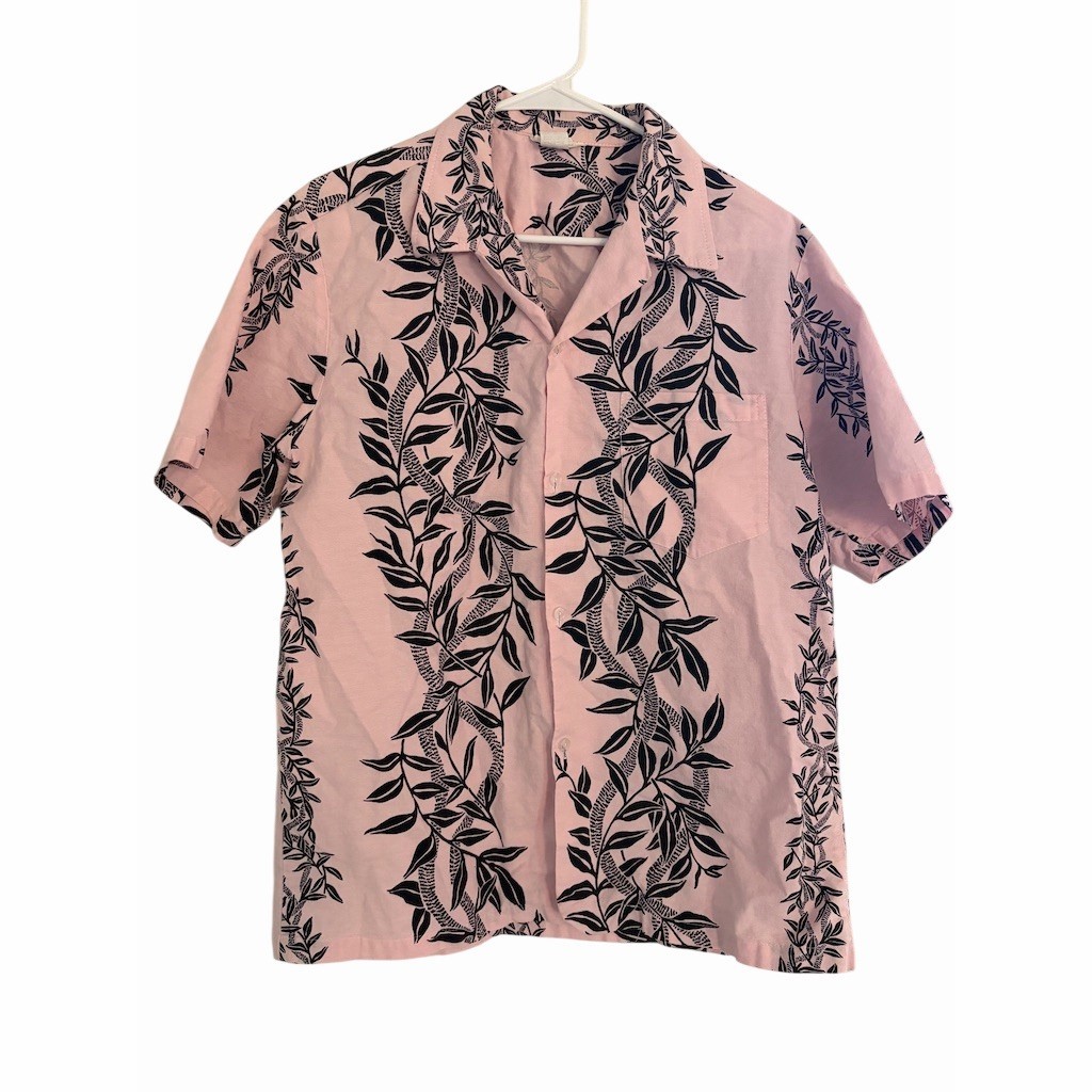 Vintage High Noon Hawaiian Shirt Men's Size M Pink Black Leaf Print 