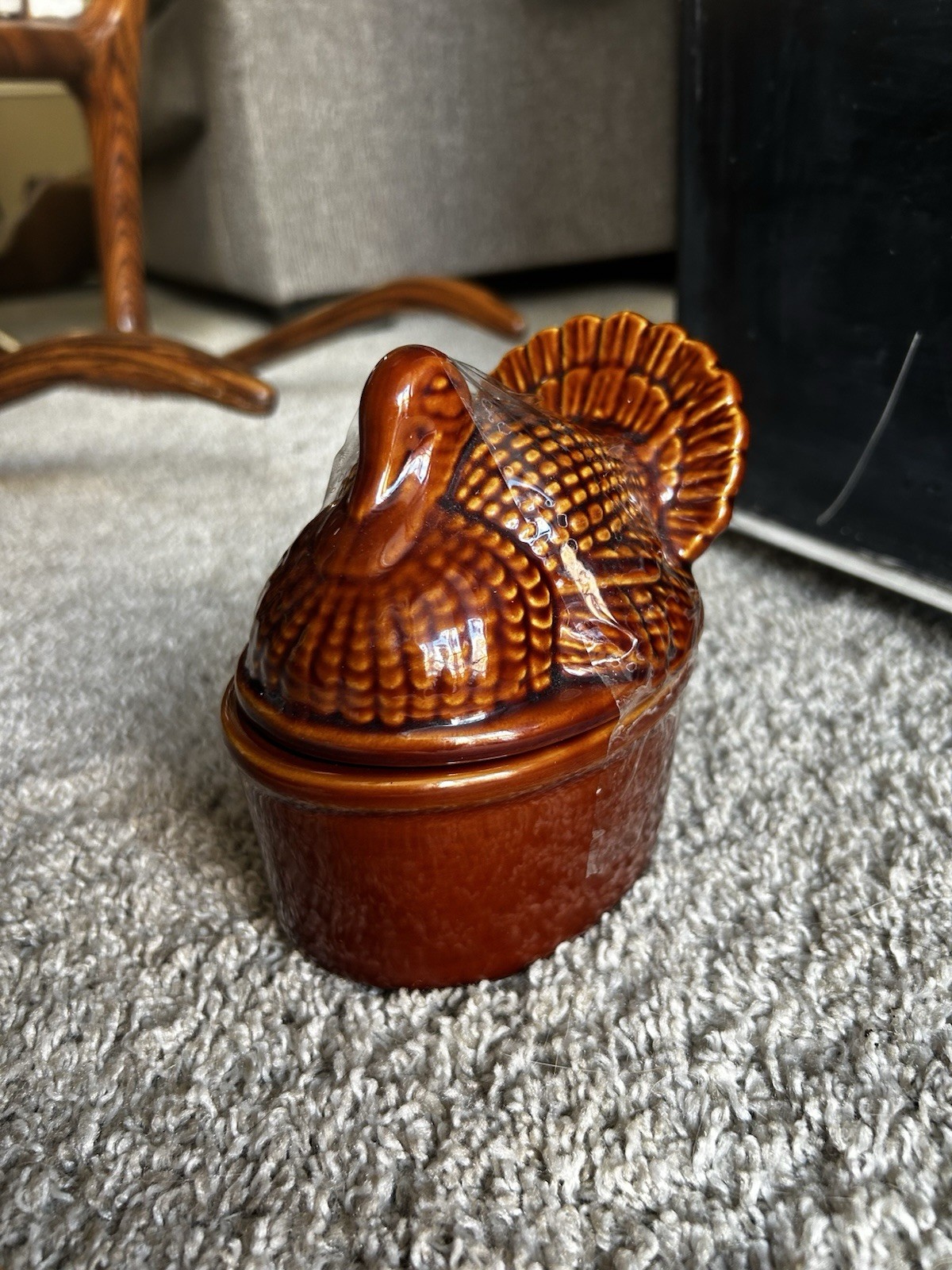 Brown Glazed Thanksgiving Turkey Ceramic Covered Dish 5” World Market Texture