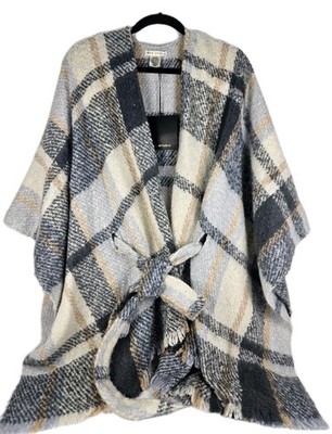 Max Studio Womens One Size Plaid Gray Tan Cream Poncho Shrug Shawl with Belt NWT