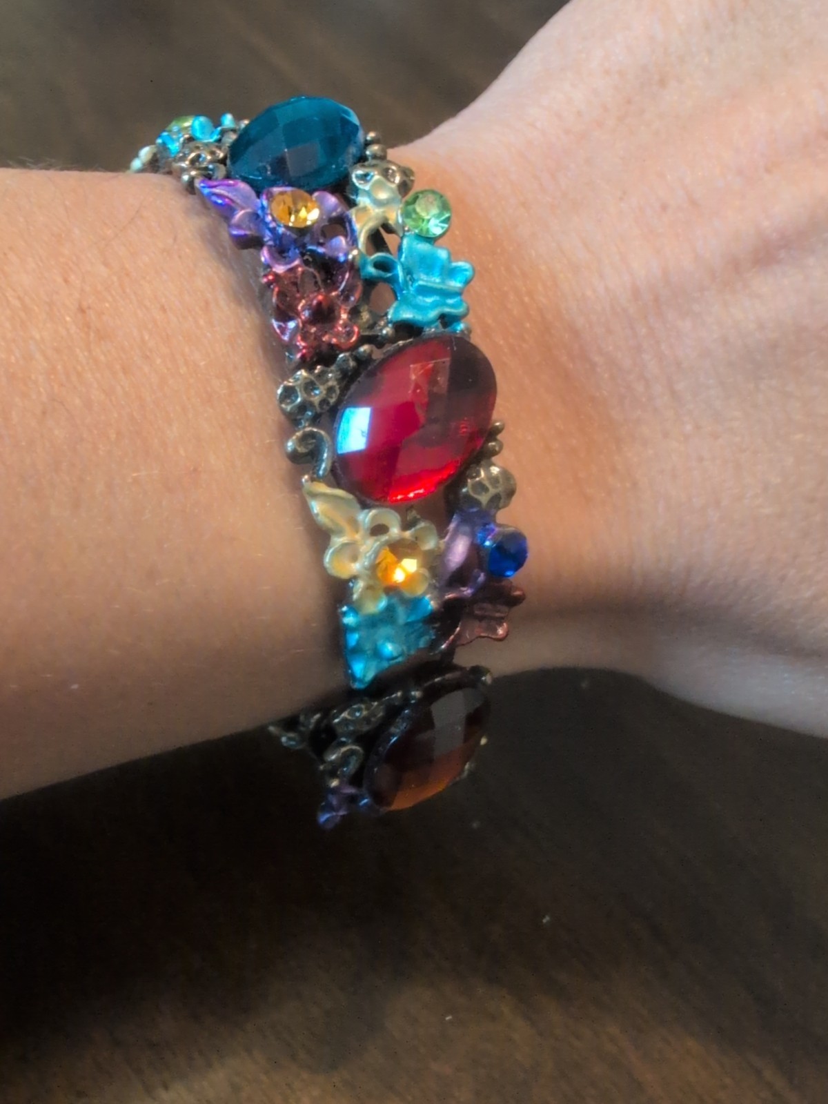 Vintage Bronze MIXED Color CRYSTAL Faceted FLOWER Cuff GIFT BANGLE BRACELET