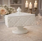 Vintage Old Quilt Milk Glass Paneled Grape Square Footed Candy Dish with Lid
