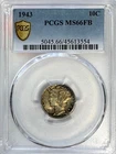 1943 Mercury Dime, MS 66 FB PCGS, NR