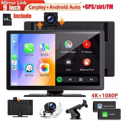 4K Dash Cam Wireless 9''Tragbarer Autoradio Apple CarPlay Android Auto+Kamera 64G