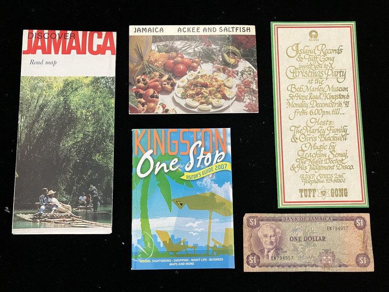 JAMAICA MAPS, JA DOLLAR, PLUS TUFF GONG 1991 XMAS PARTY INVITE AT MARLEY MUSEUM