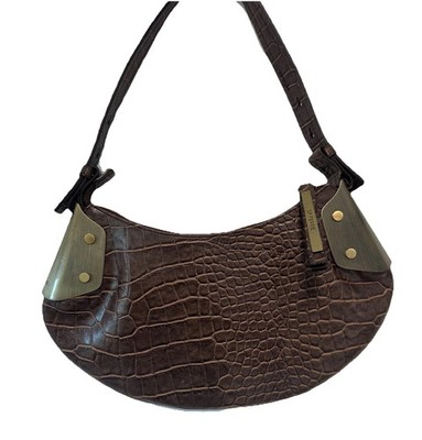 Gianfranco Ferre Vintage Dark Brown Croc Embossed Leather Shoulder Bag Italy
