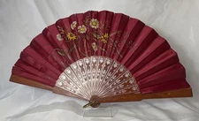 1870's Maroon Satin Folding Fan Floral Handpainted Leather Covered Sticks Guards