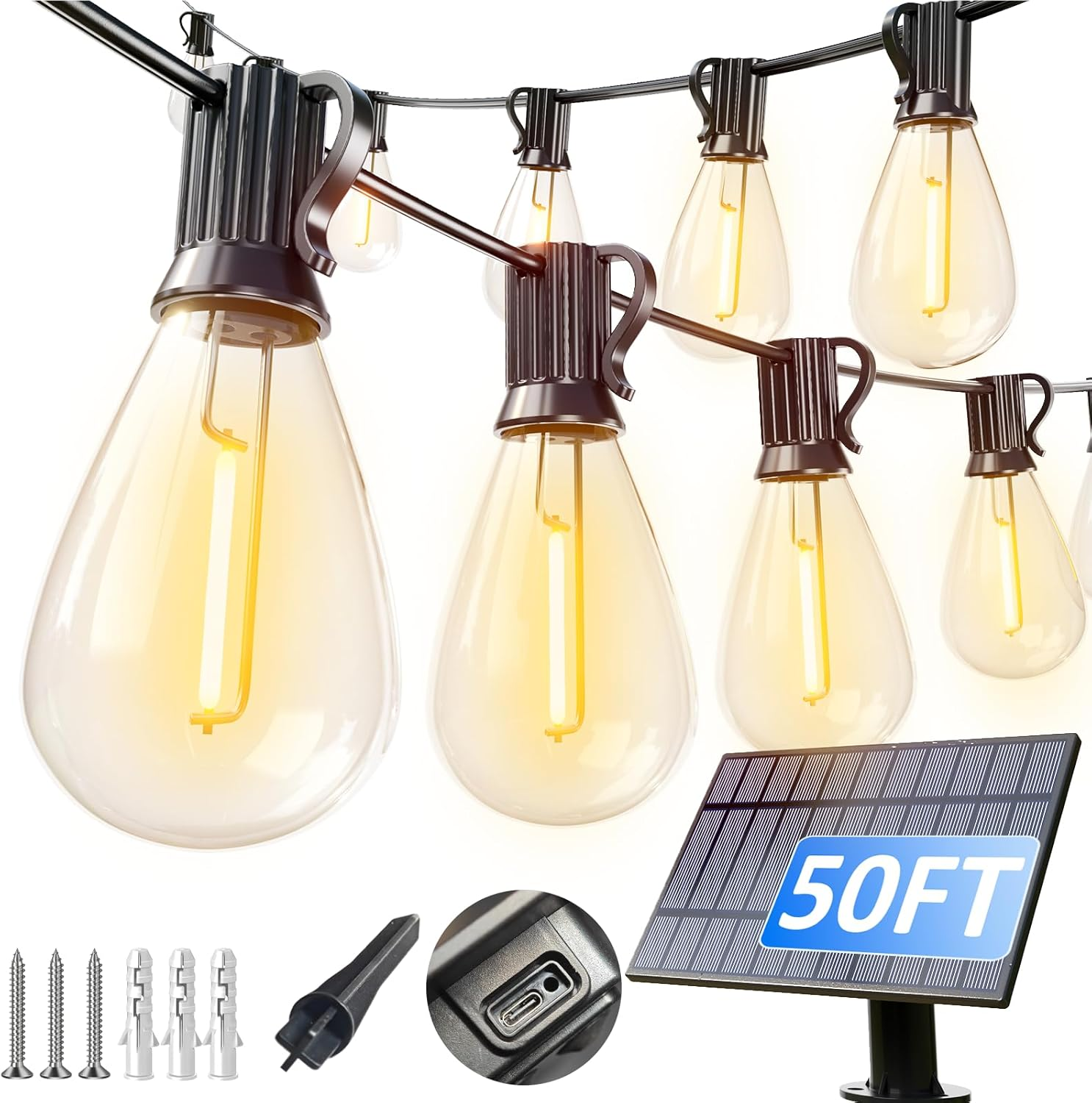 50FT Solar String Lights Outdoor Waterproof with 18+1 LED Bulbs Long Last for 20