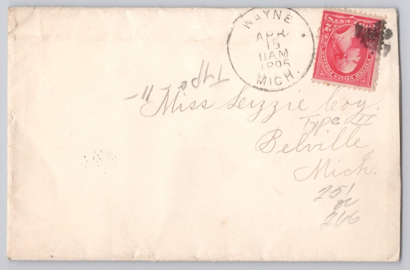 Belleville, Michigan, 2c Washington stamp, addressed, Un cover