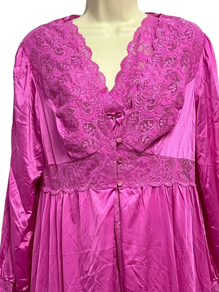 ShadowLine Robe & Top Pant Set Womens Large Pink Nylon Lace Vintage 3 Piece - Image 3 of 4