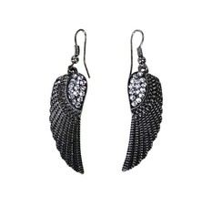 Angel Wing Dangle Earrings with Feathers Antiqued Look With Rhinestones