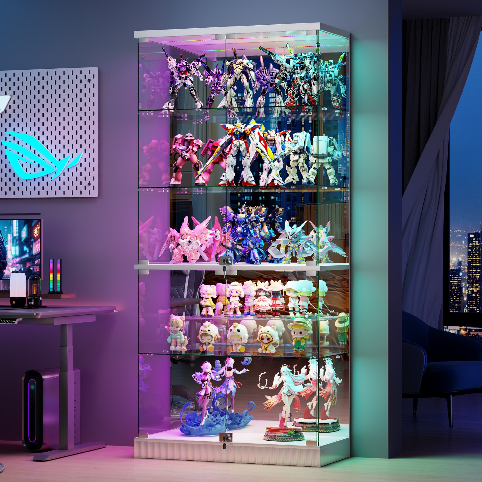 Gurexl Glass Curio Cabinet with Glass Doors Display Case Cabinet with RGB Lights