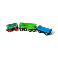 Orbrium Wooden Train Cars Lot 3pc Green Hopper Blue Flatbed Brio Compatible