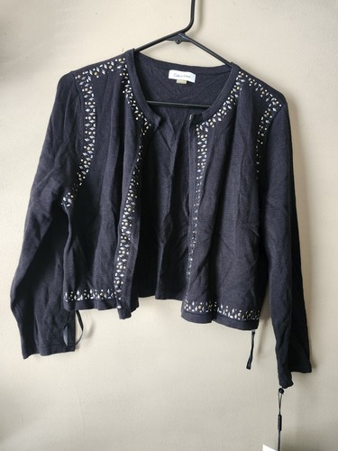 NWT Calvin Klein Women's Black Cropped Cardigan with Rhinestones Size Large - Picture 8 of 9