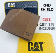 CAT Caterpillar Men's GENUINE LEATHER RFID BIFOLD WALLET Tan in GIFT TIN