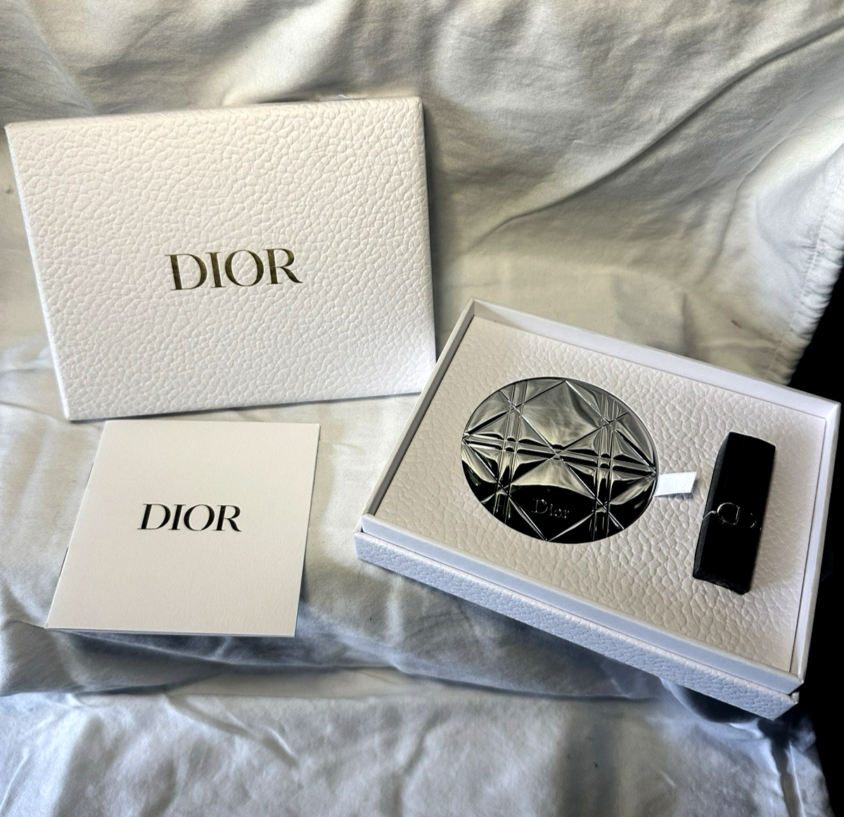 Dior Silver Cannage Compact Mirror & Lipstick Set Authentic New-image