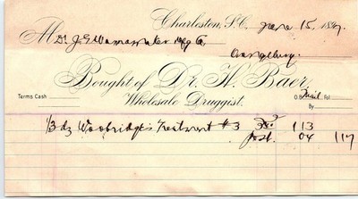 1887 Charleston SC Dr. H. Baer Wholesale Druggist billhead