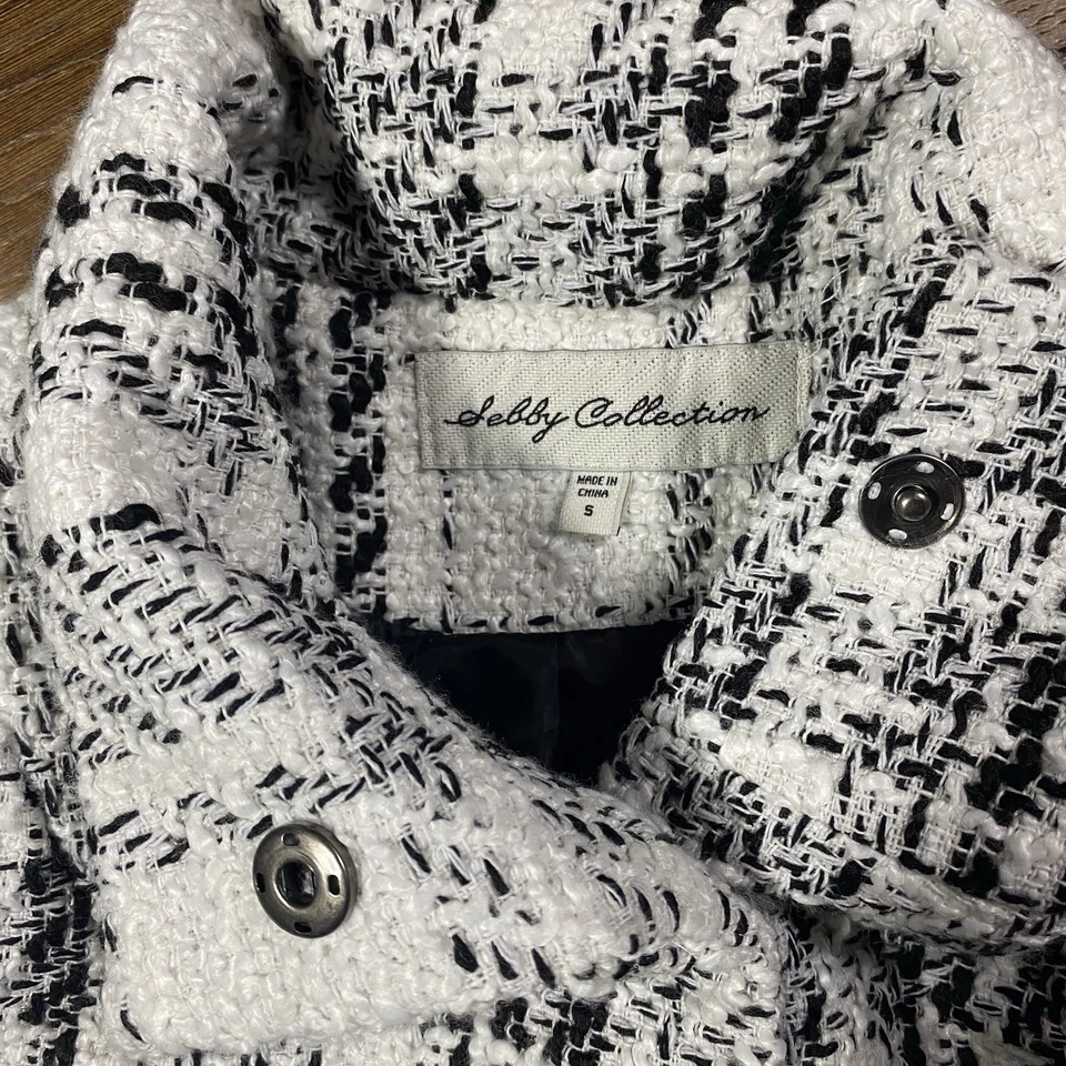 Selby Collection Women’s Tweed Plaid Coat Jacket Black White Belted Small - Image 2 of 4