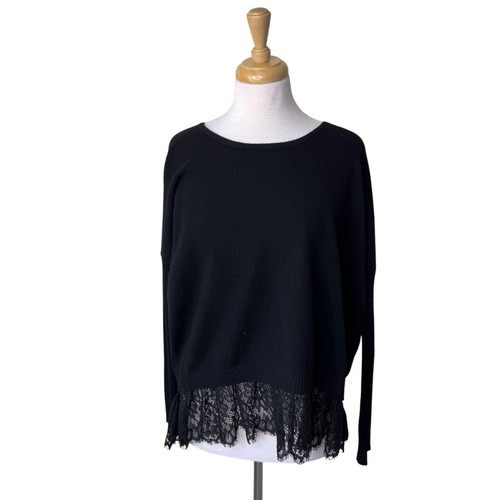 AUTUMN CASHMERE Ribbed Sleeve Lace Hem Sweater Black Small 100% ...