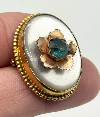 Estate AM Co Gold Filled Mother of Pearl Rhinestone Flower Brooch Pin