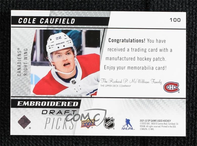 2021-22 SP Game Used Embroidered in History Rookies Cole Caufield #100 Rookie RC - Image 2 of 2