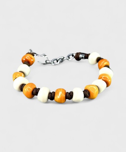 Mancino bracciale corda marrone e vetro di Murano arancio bianco MAB