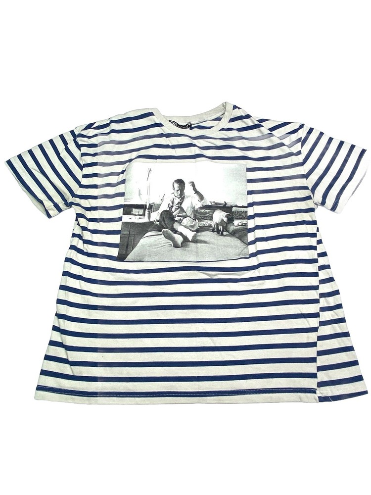 Zara Paul Newman Striped Navy Gray Graphic Tee Size M