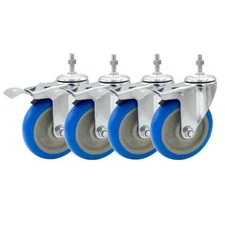 4 Pack 5 Inch Stem Caster Swivel w/ Front Brake Blue PU Heavy Duty Caster Wheels