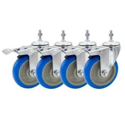 FACTORDUTY 4 Pack 5 Inch Stem Caster Swivel w/ Front Brake Blue PU Heavy Duty Caster Wheels