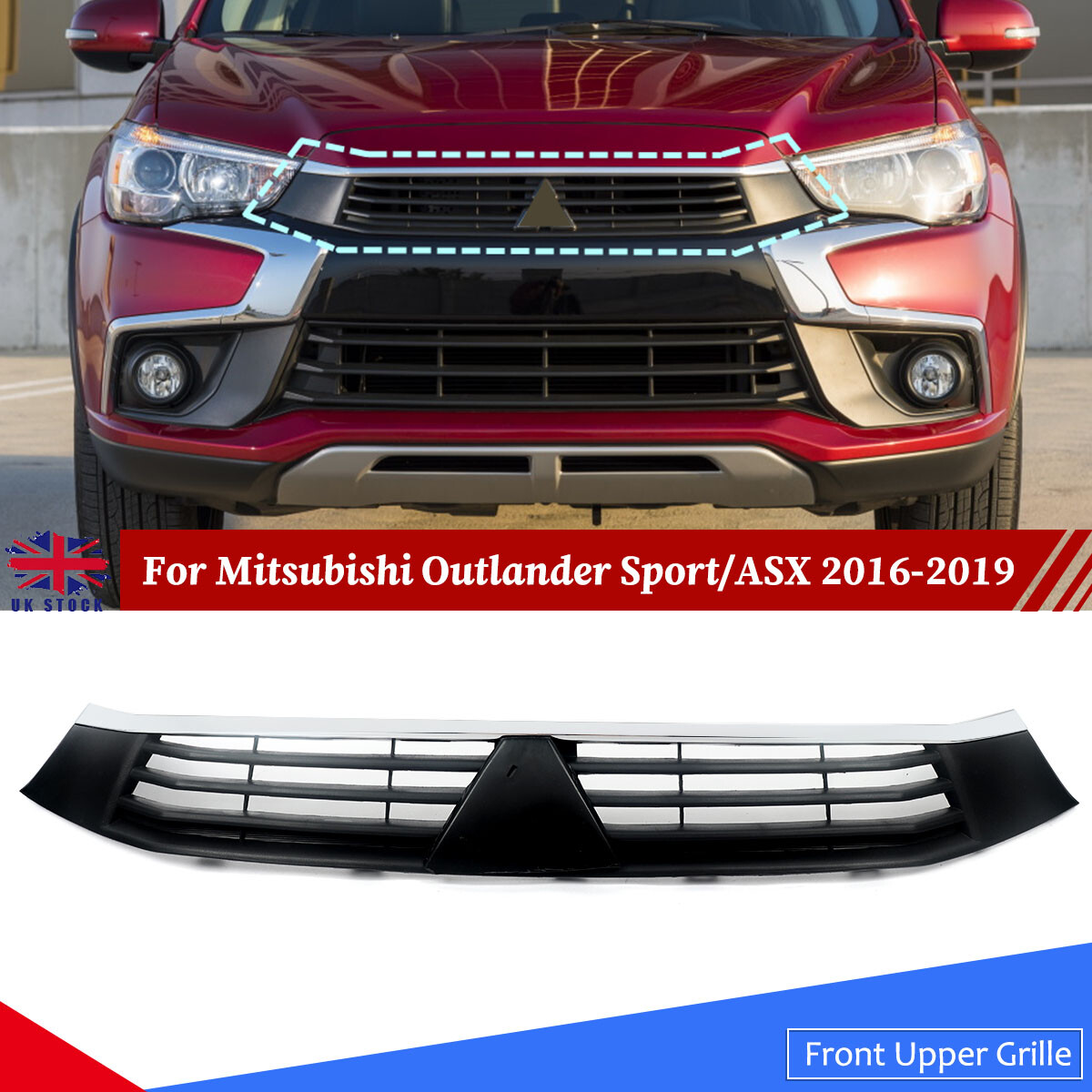 Front Bumper Upper Grille For Mitsubishi Outlander Sport ASX 2016-19 Chrome BLK