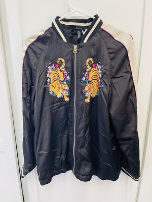 H&M Divided Women's 10, BomberJacket w/ Embroidered Tigers/ Flowers, Black, EUC