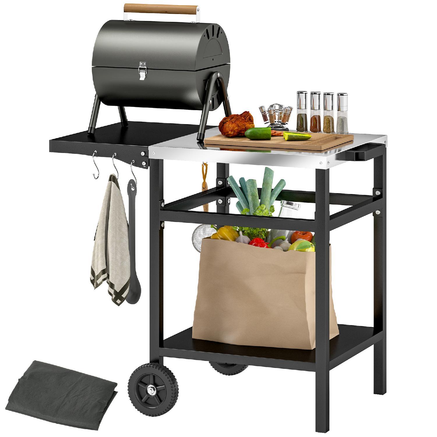Carrello Barbecue VivaGarden in Acciaio Nero con Ripiano Pieghevole e Ruote