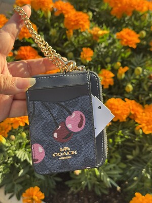 Coach CZ468 Zip Card Case Signature Cherry Mini Wallet Denim Multi