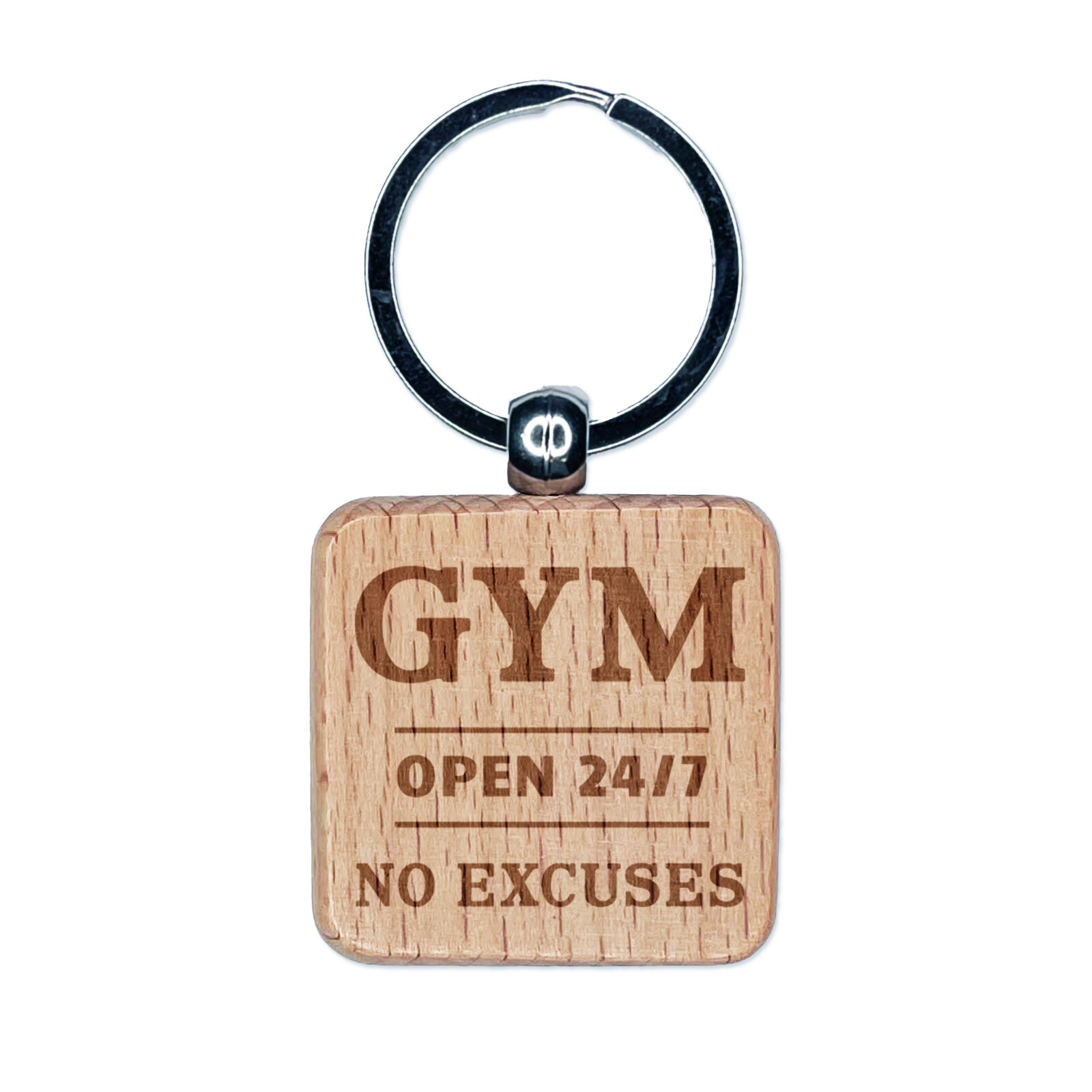Gym Open 24 7 No Excuses Engraved Wood Square Keychain Tag Charm