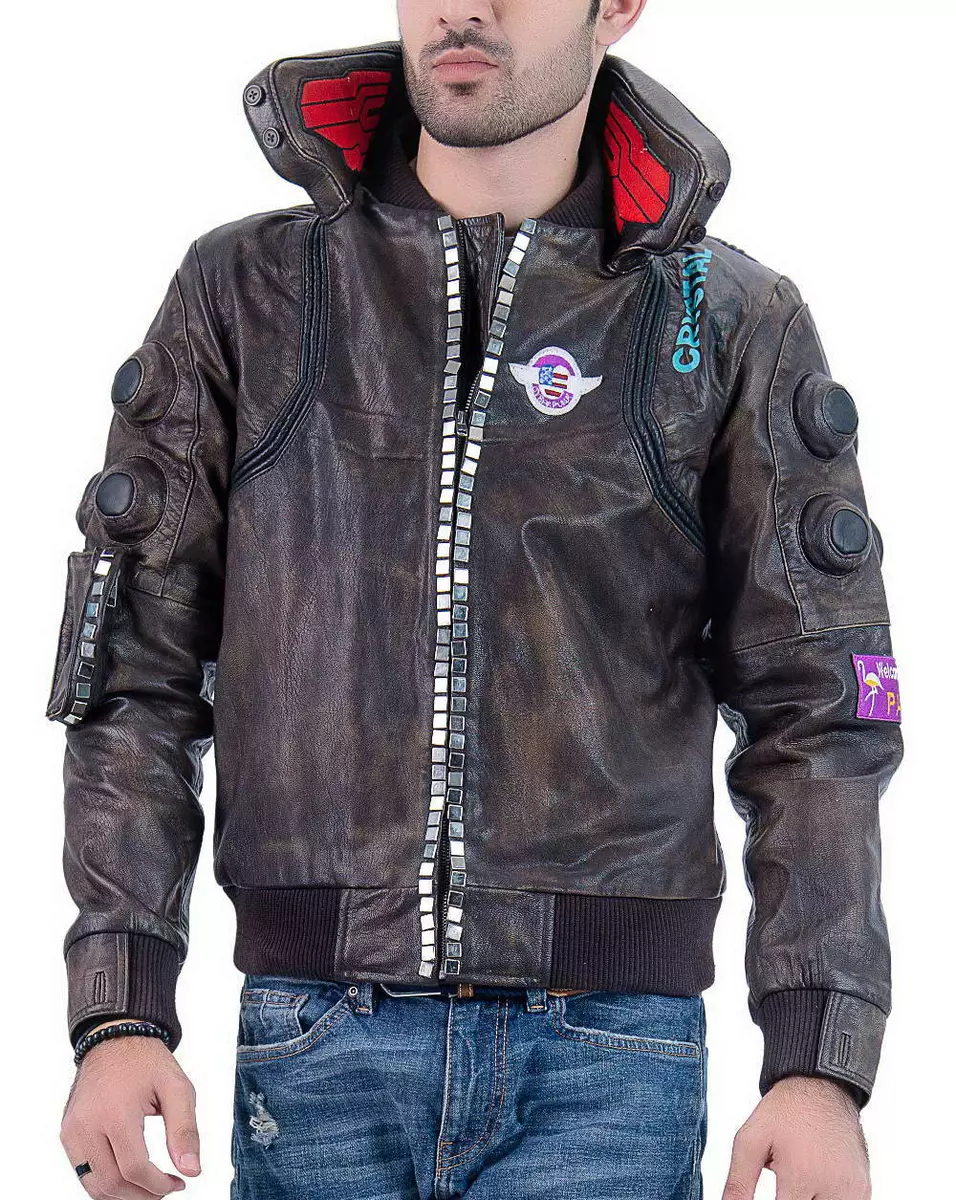Men s Distressed Brown Cyberpunk 2077 Samurai Johnny Cosplay Real Leather Jacket