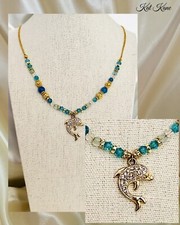 Dolphin Lovers Dressy Gold Rhinestone, Teal Turquoise Necklace for Girls