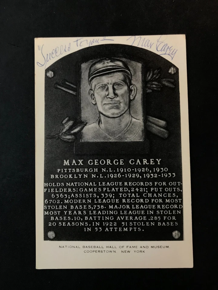 Max Carey SIGNED on front Hall of Fame Plaque Artvue Postcard JSA Brooklyn - Image 2 of 3