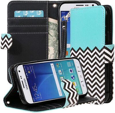 Samsung Galaxy S7 Wallet Case Mag Strap Card Pockets Lanyard Zig-Zag Blue Green