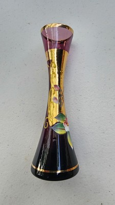 490.  Amethyst Glass Hand Painted Floral And Gold Bud Vase 8''