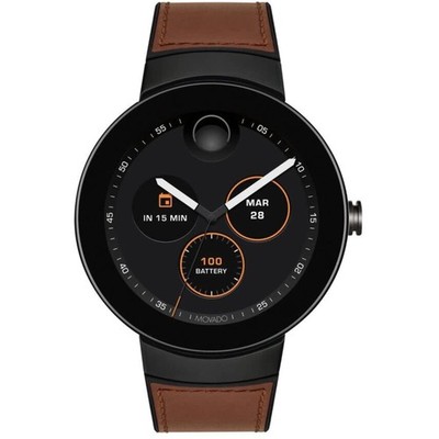 Movado Unisex Watch Connect Quartz Black Dial Brown Leather Strap Date 3660019