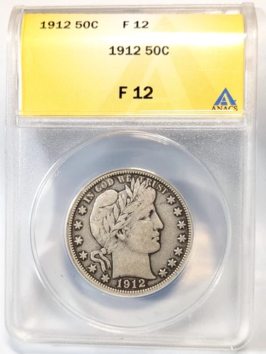 1912 Barber Half Dollar ANACS F12 Silver 50c Fifty Cent Philadelphia Mint FINE