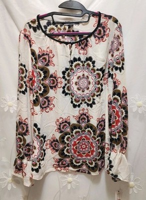 Sharagano Womens XL Cream Mandala Blouse Long Sleeve Ornate Paisley Boho Sheer
