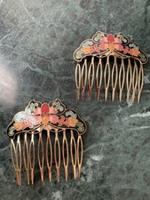 New Cloisonn Black and Gold Tone Enamel Floral Decorative Hair Combs